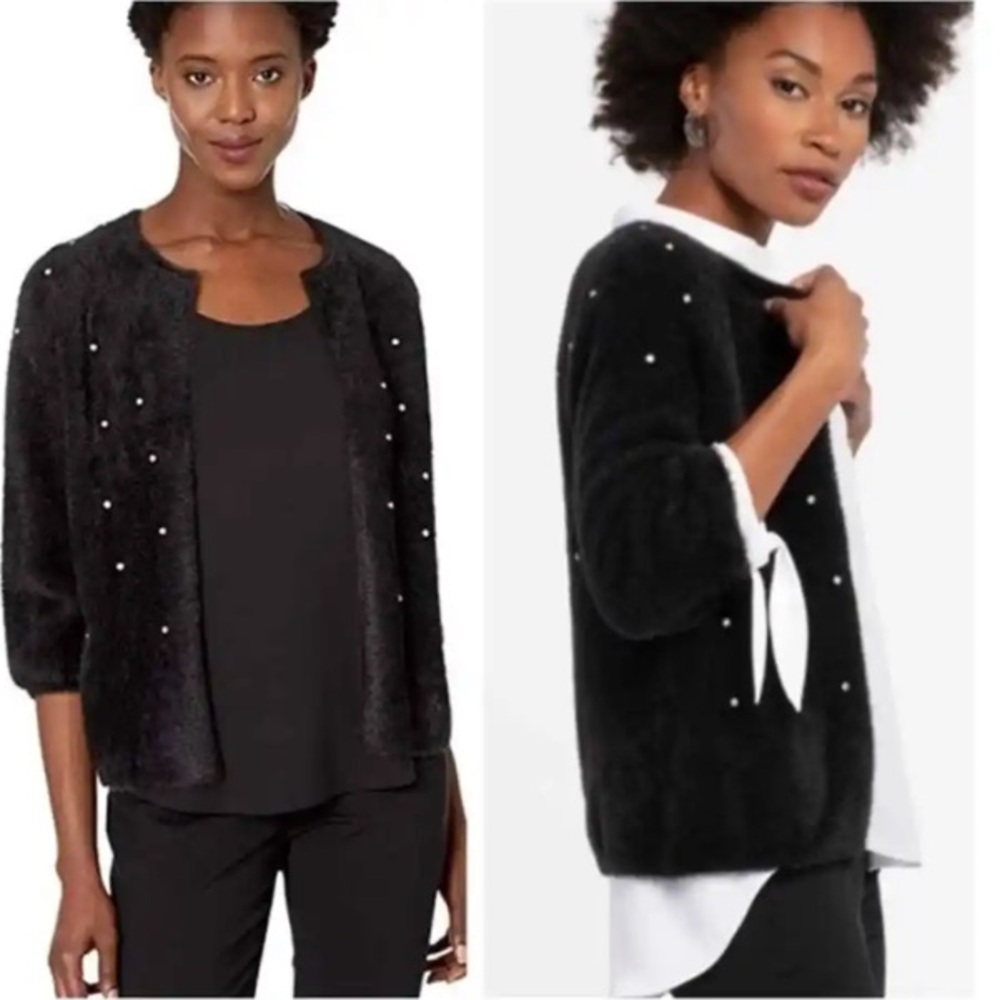 NWT NIC & ZOE Black Eyelash Rhinestone Open Cardigan Size Large